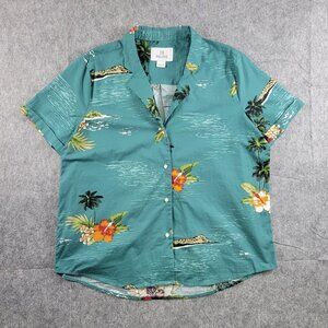 28 Palms Teal Tropical Hawaiin Short Sleeve Button Up Shirt Mens Size Large